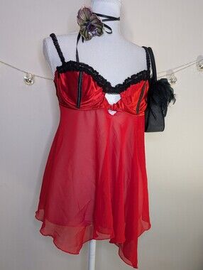 3/$20 Frederick's of Hollywood Red Satin & Sheer Babydoll with Black Lace